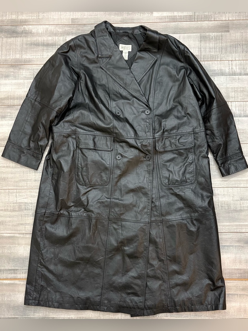 Vintage Via Accenti Genuine Leather Long Trench Coat Jacket Collared Lined 24W
